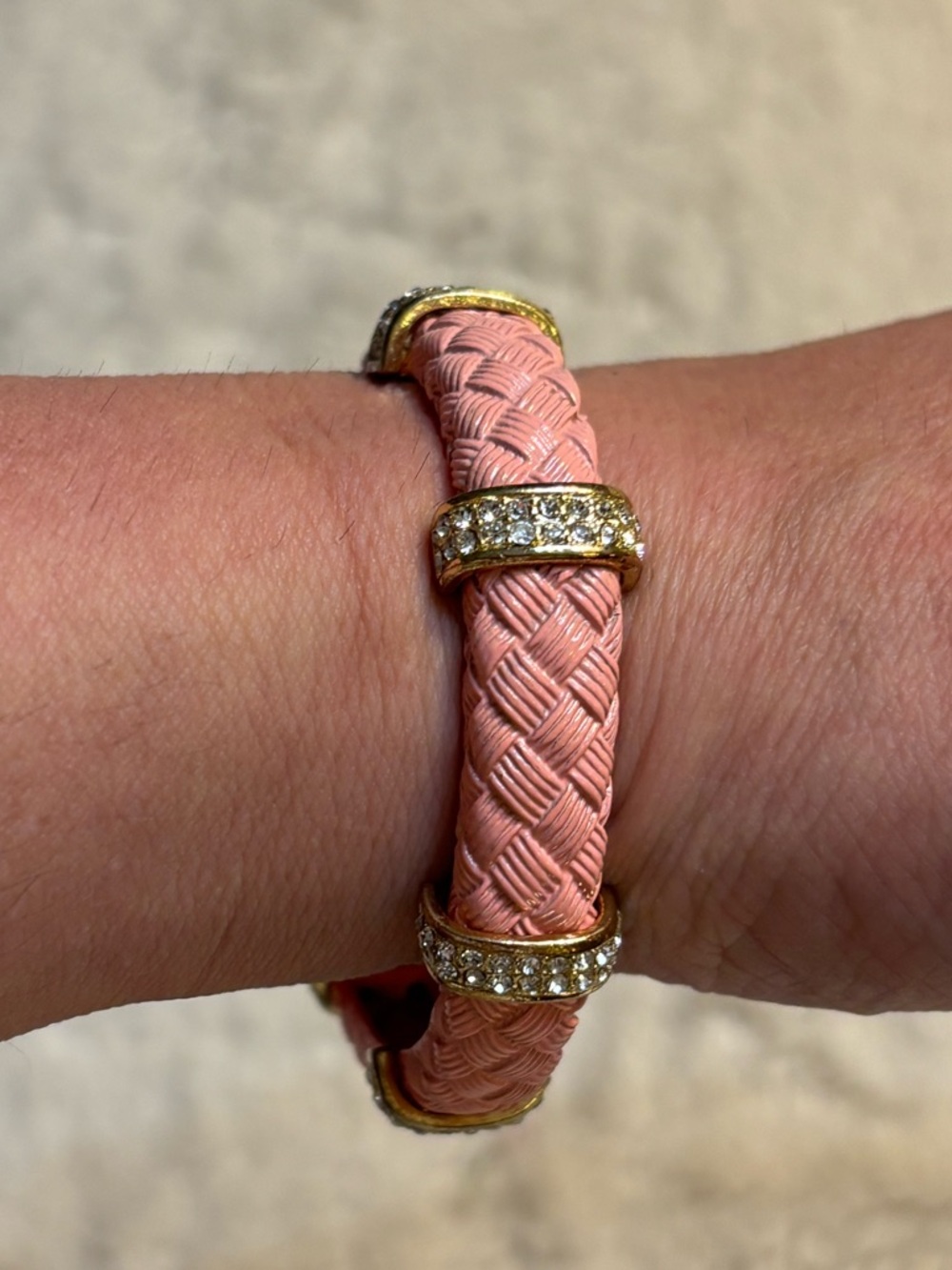 Peachy Pink Bracelet Braided design Gold-tone Ring Accents with Crystals Elastlc